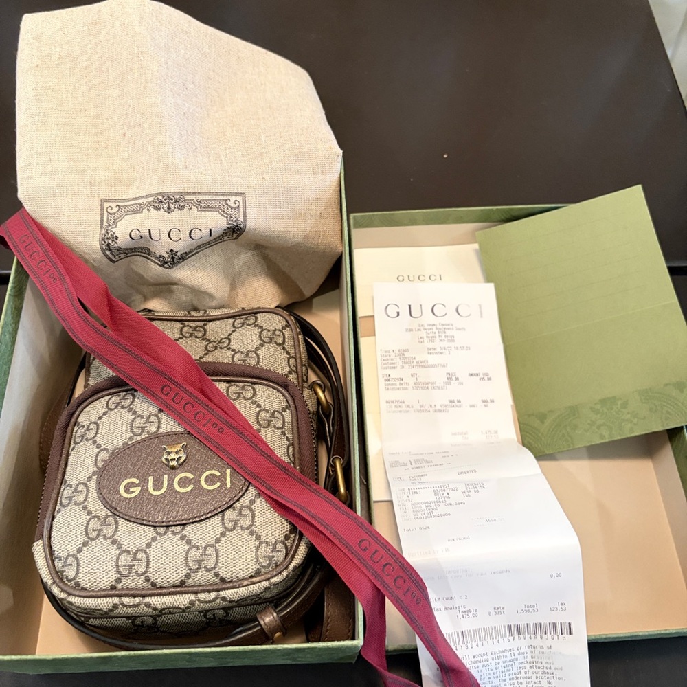 Gucci Beige Brown GG Canvas Mini Crossbody Backpack with Yellow Handle - Picture 9 of 12